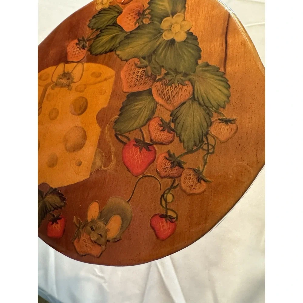 Vintage Thick Hand Carved & Painted Strawberries & Cheese Wood Cutting Board